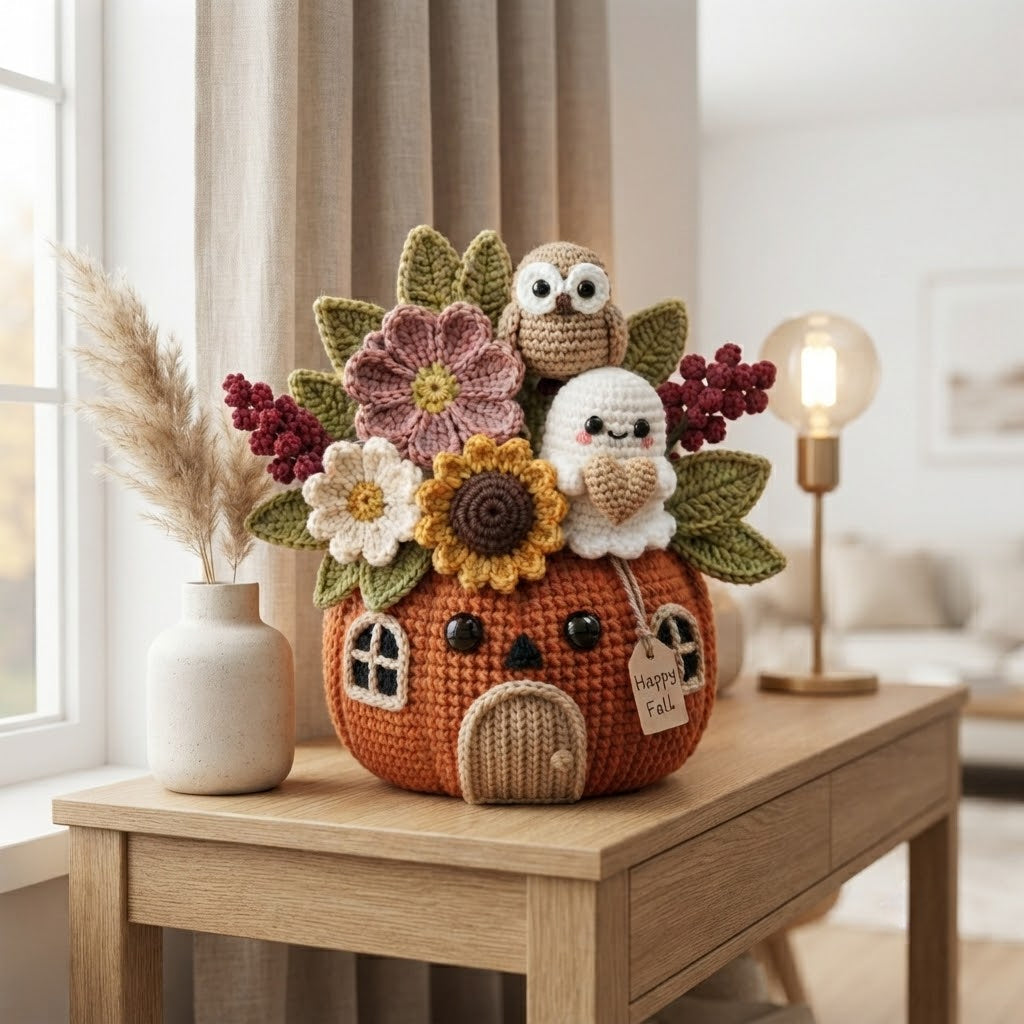 Handmade Crochet Owl and Ghost Pumpkin House Decor Pot