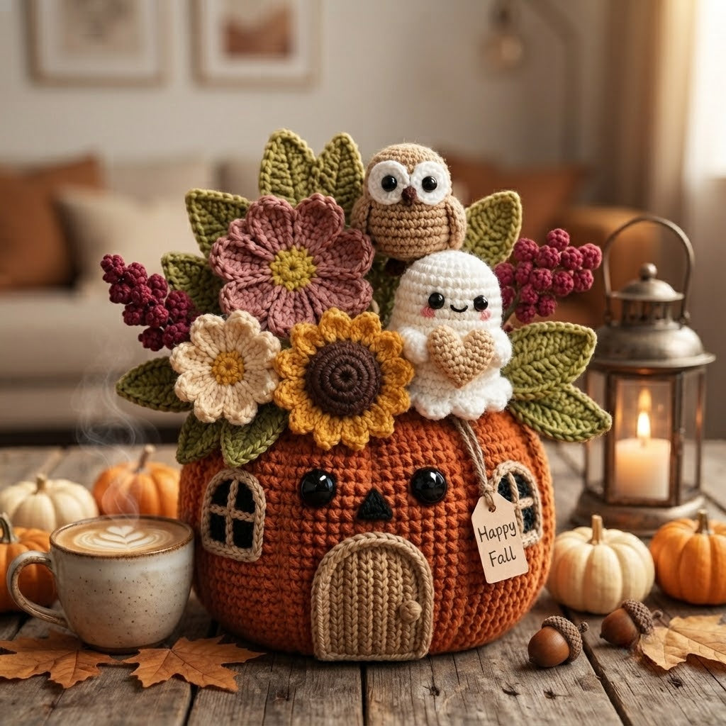 Handmade Crochet Owl and Ghost Pumpkin House Decor Pot