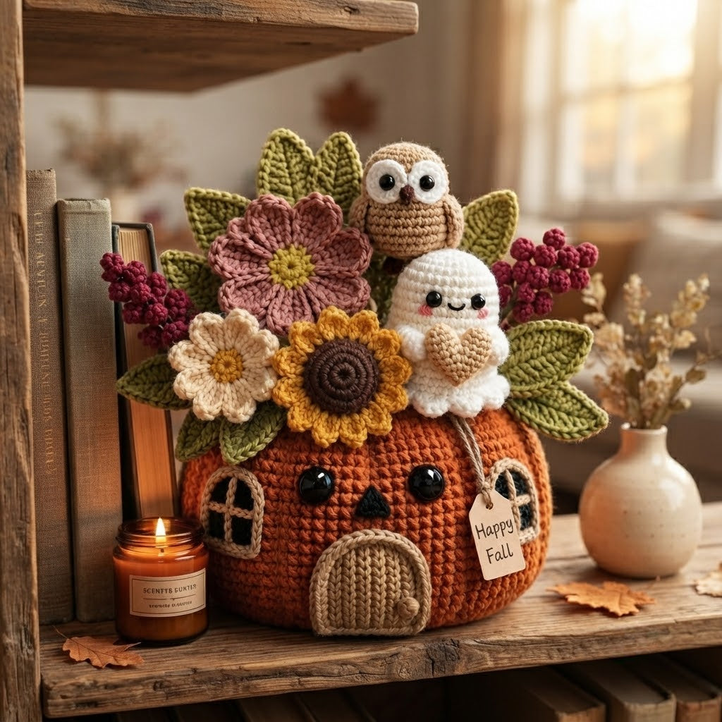 Handmade Crochet Owl and Ghost Pumpkin House Decor Pot