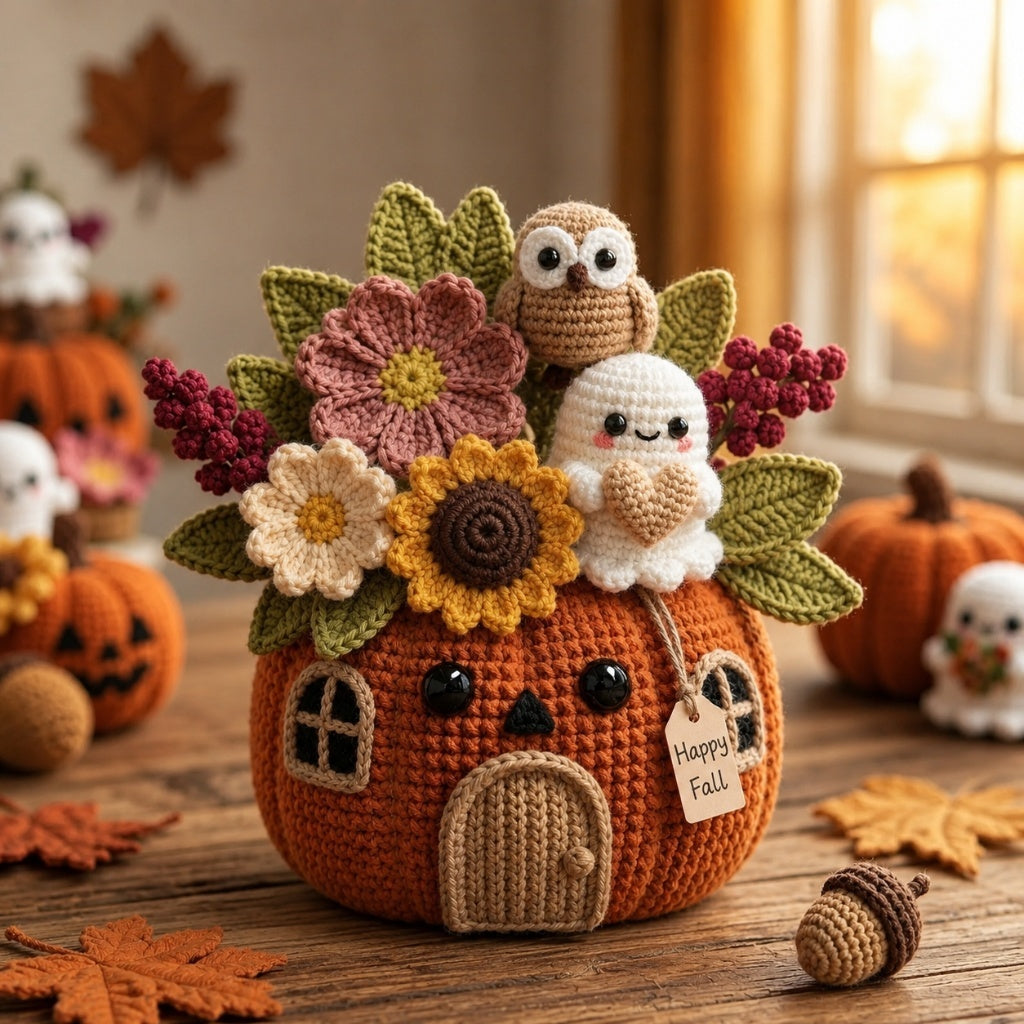 Handmade Crochet Owl and Ghost Pumpkin House Decor Pot
