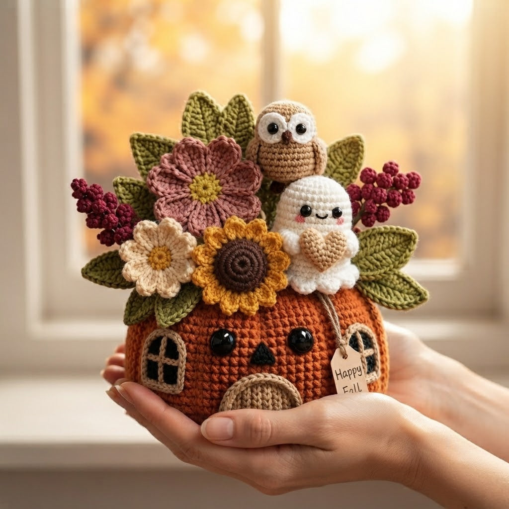 Handmade Crochet Owl and Ghost Pumpkin House Decor Pot