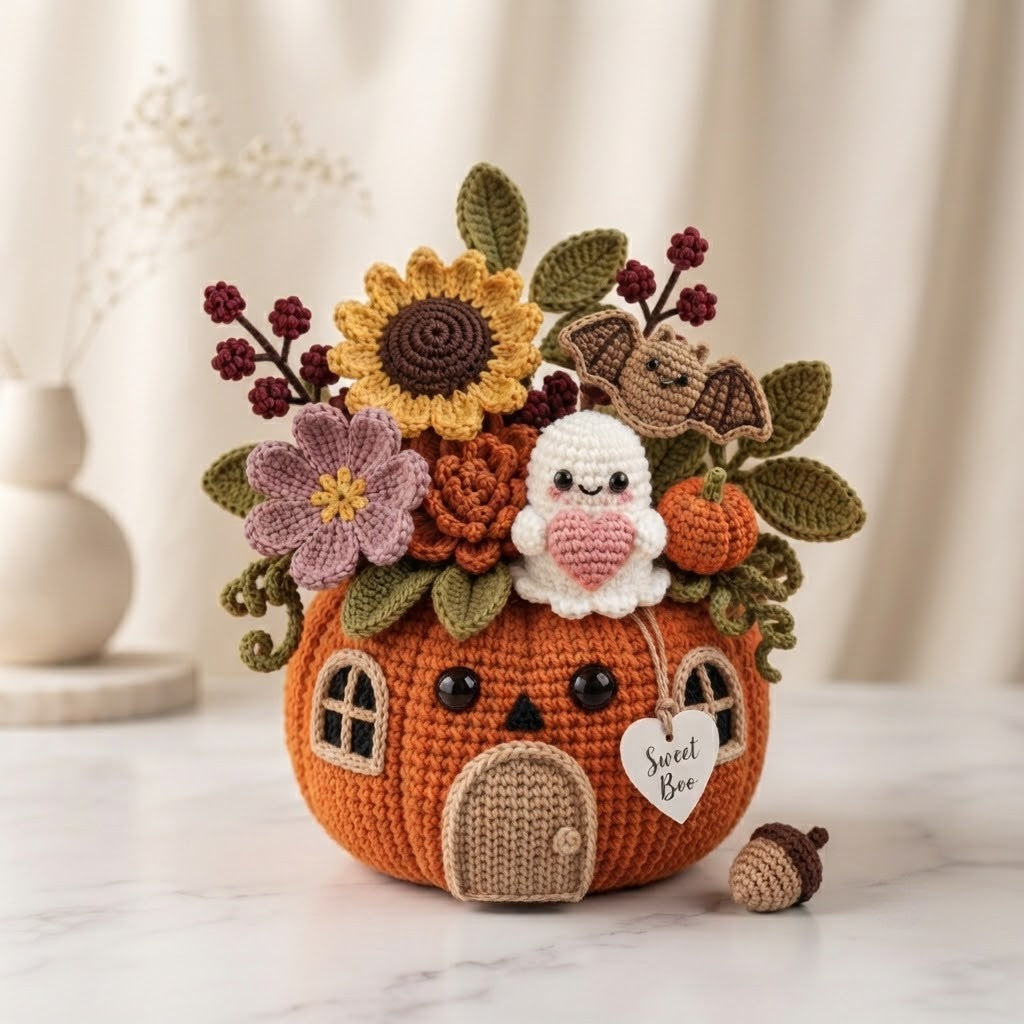 Handmade Crochet Ghost, Bat and Pumpkin House Decor Pot