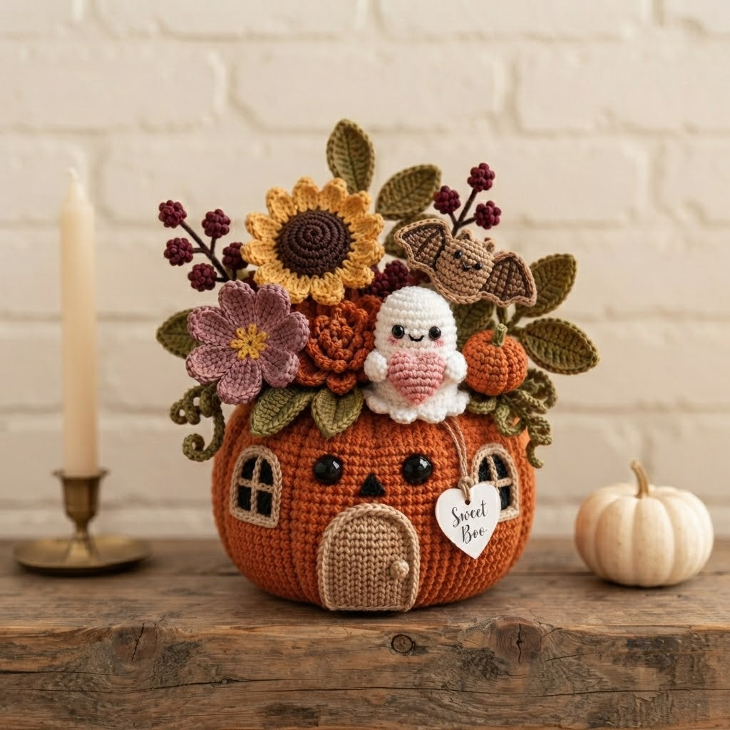 Handmade Crochet Ghost, Bat and Pumpkin House Decor Pot