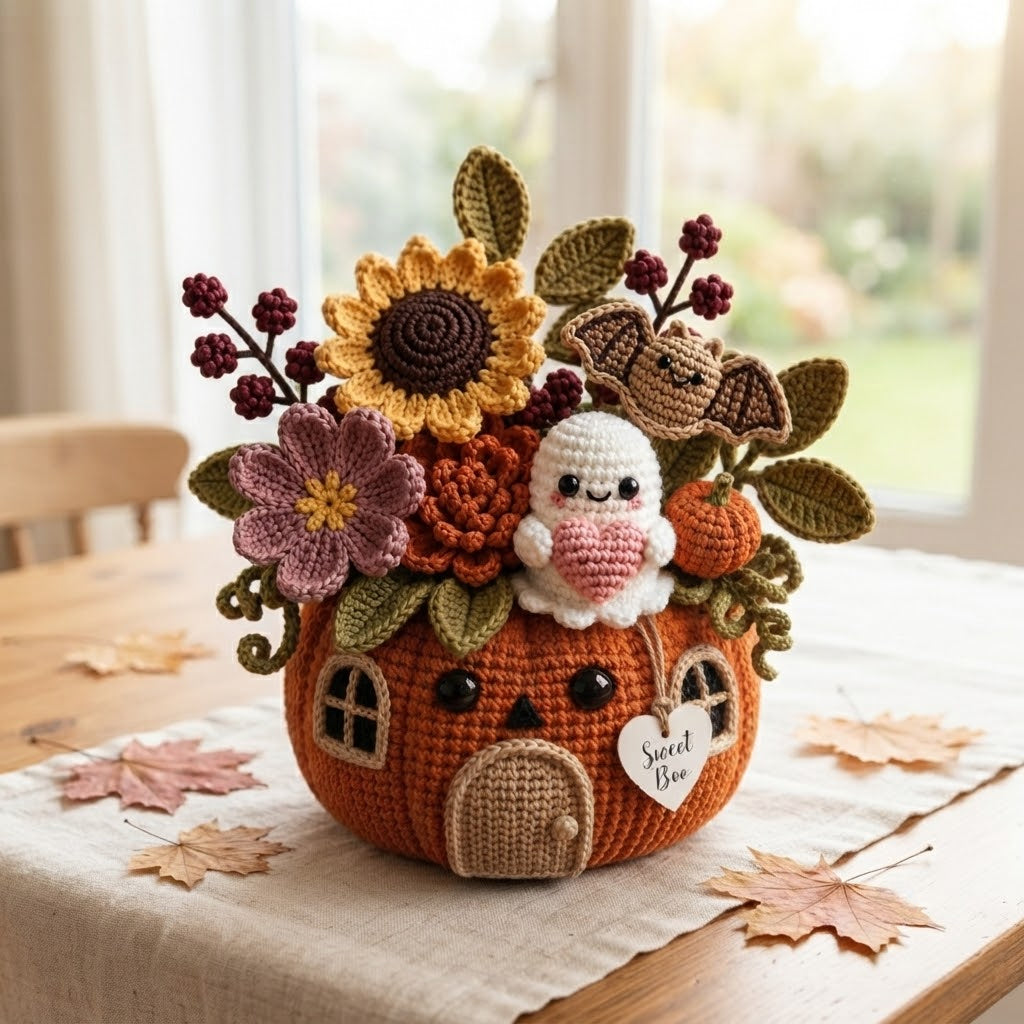 Handmade Crochet Ghost, Bat and Pumpkin House Decor Pot