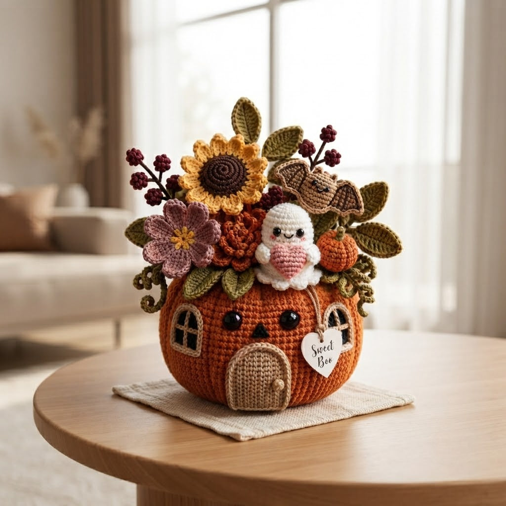 Handmade Crochet Ghost, Bat and Pumpkin House Decor Pot