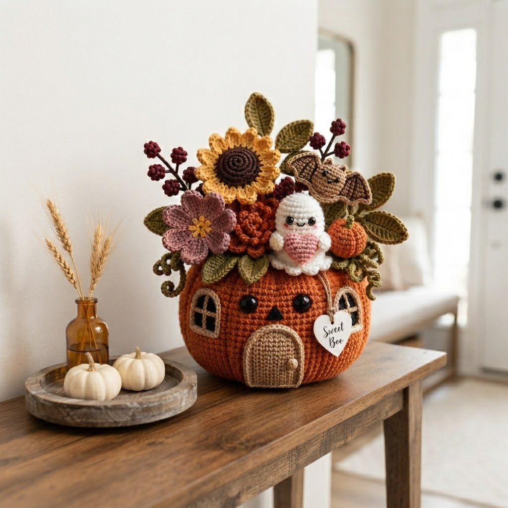 Handmade Crochet Ghost, Bat and Pumpkin House Decor Pot