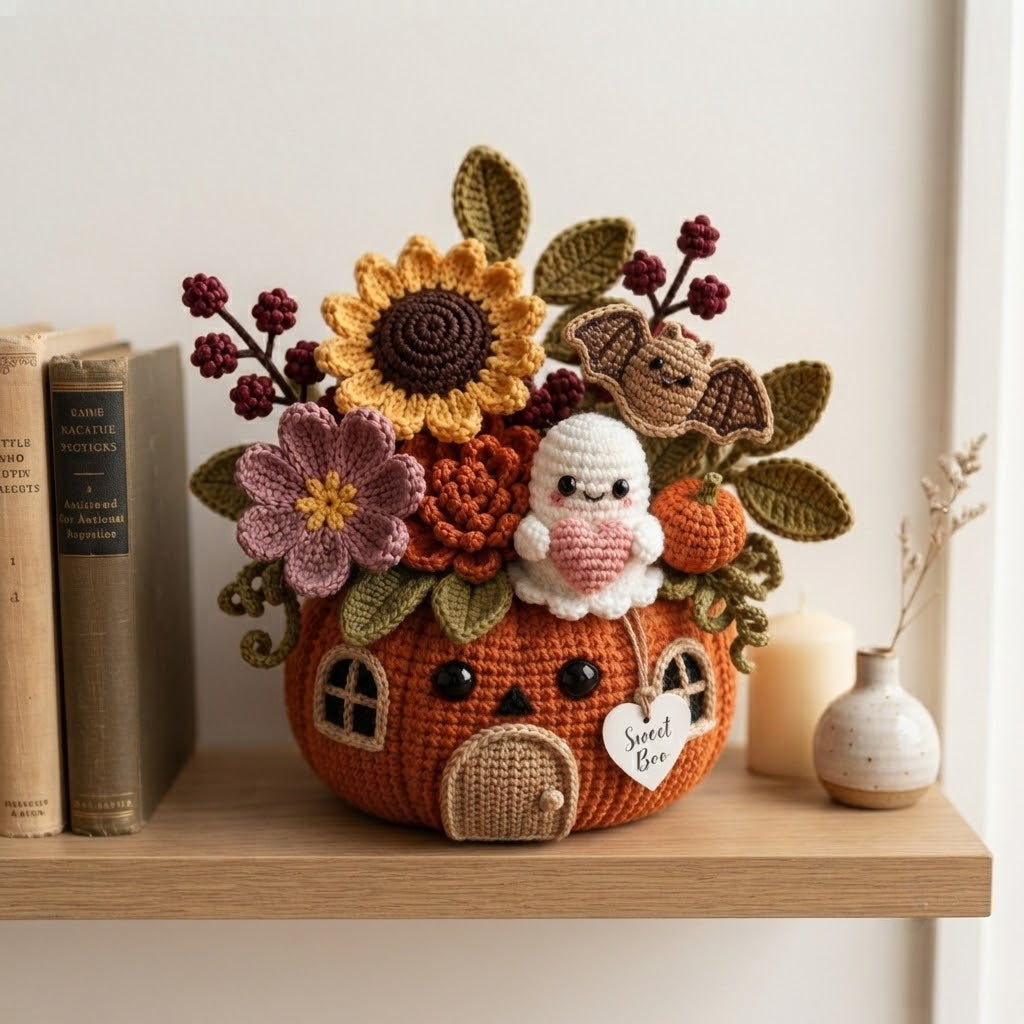 Handmade Crochet Ghost, Bat and Pumpkin House Decor Pot