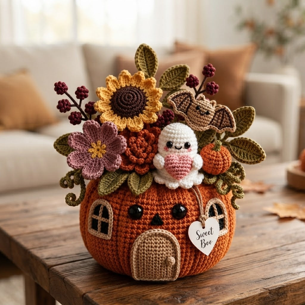 Handmade Crochet Ghost, Bat and Pumpkin House Decor Pot