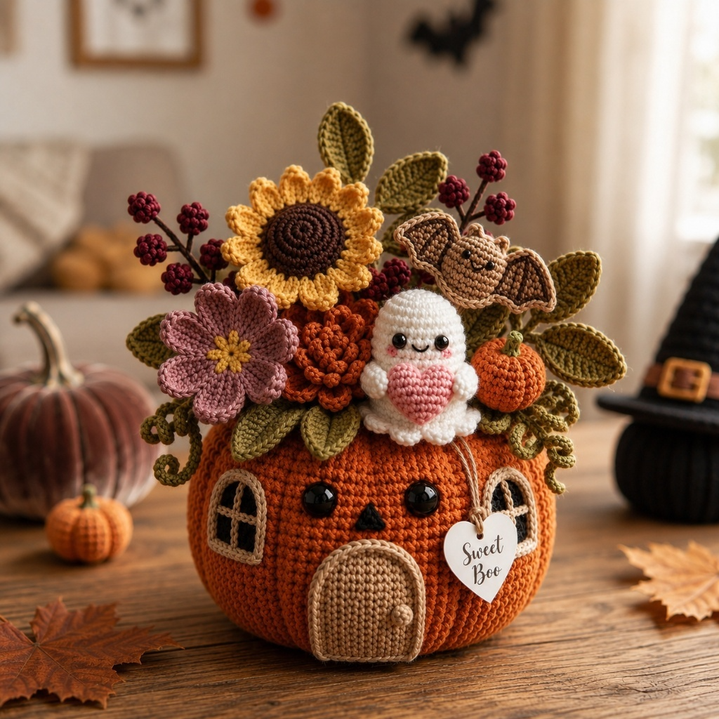 Handmade Crochet Ghost, Bat and Pumpkin House Decor Pot