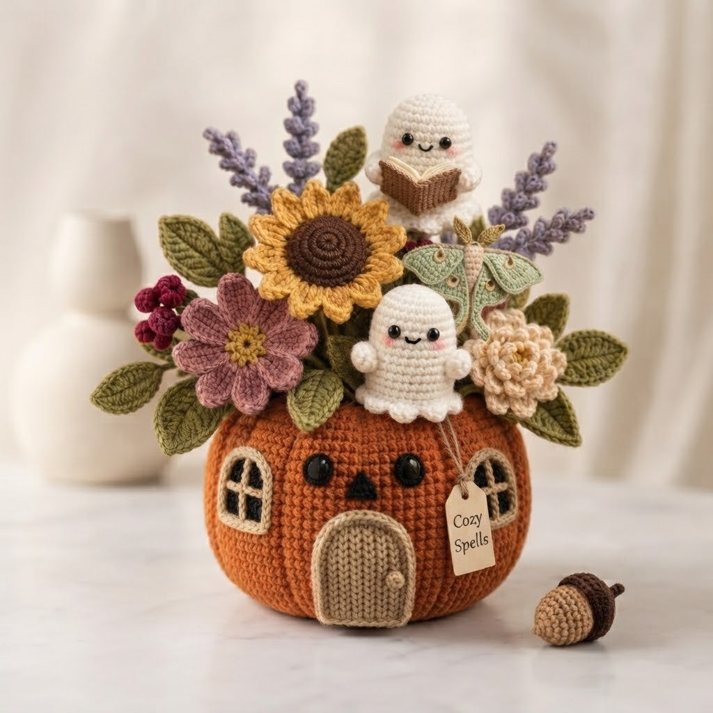 Handmade Crochet Cozy Spells Ghost Pumpkin House Decor Pot