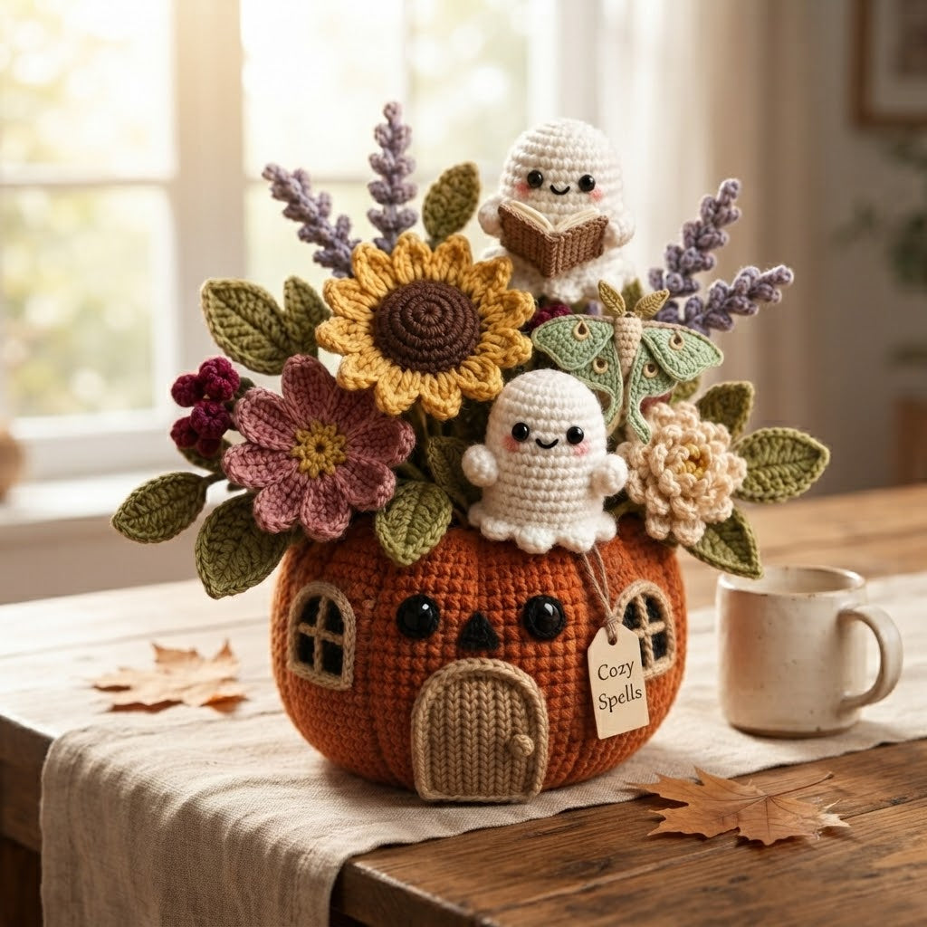 Handmade Crochet Cozy Spells Ghost Pumpkin House Decor Pot