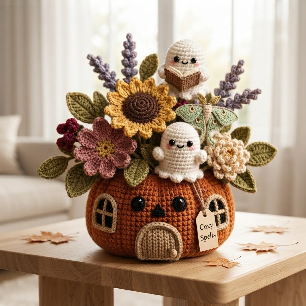 Handmade Crochet Cozy Spells Ghost Pumpkin House Decor Pot