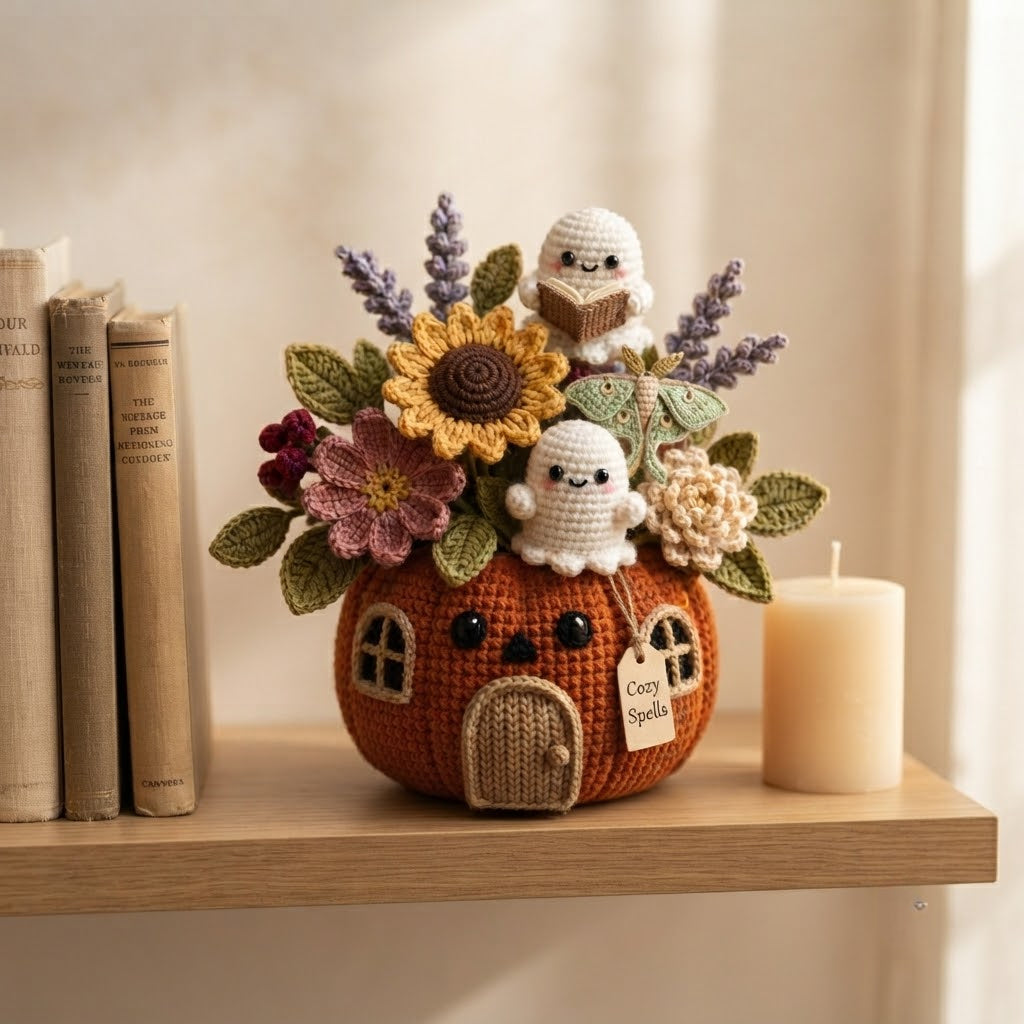 Handmade Crochet Cozy Spells Ghost Pumpkin House Decor Pot