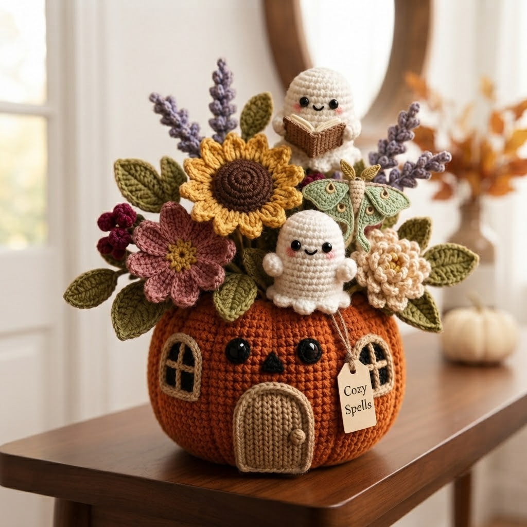 Handmade Crochet Cozy Spells Ghost Pumpkin House Decor Pot