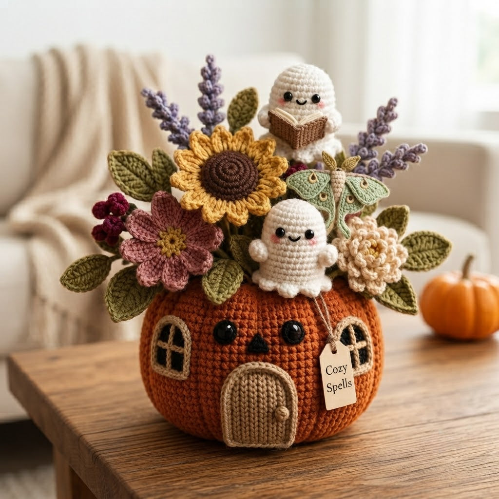 Handmade Crochet Cozy Spells Ghost Pumpkin House Decor Pot
