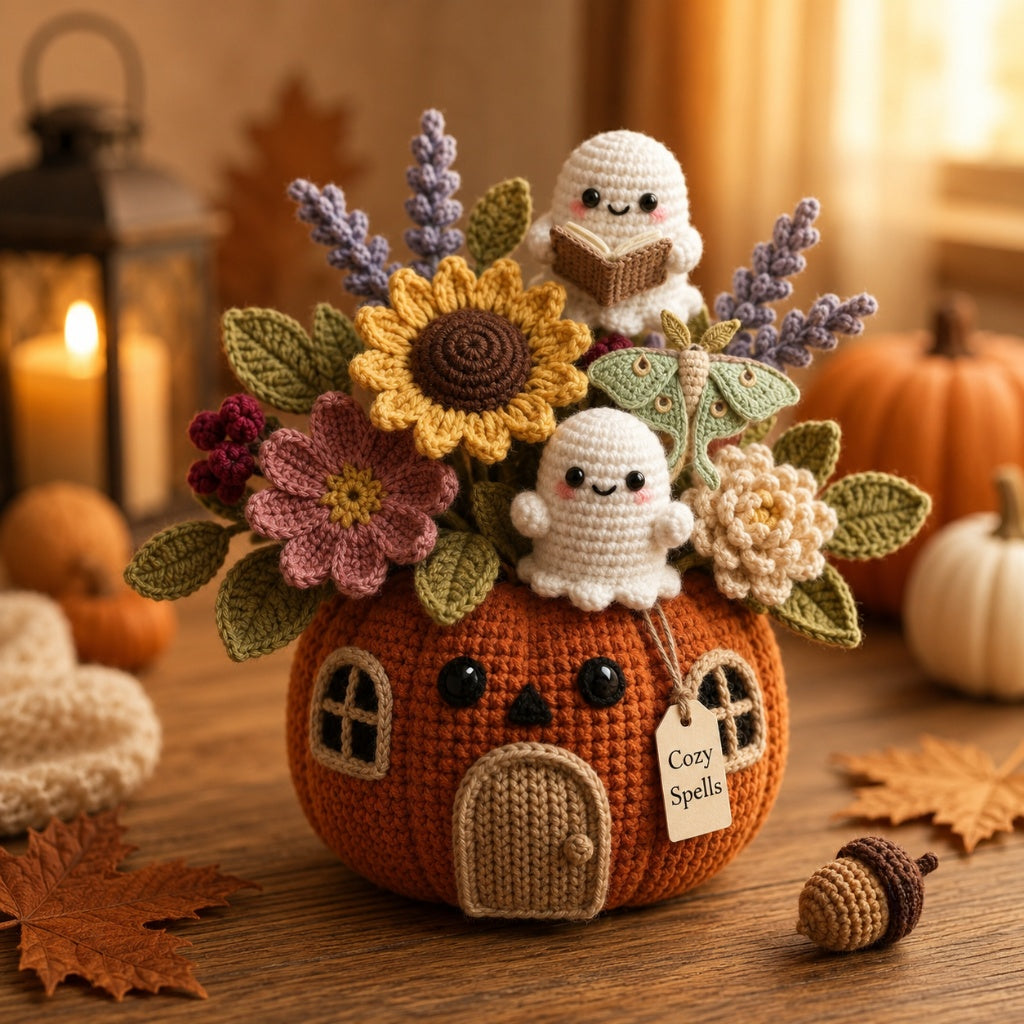 Handmade Crochet Cozy Spells Ghost Pumpkin House Decor Pot