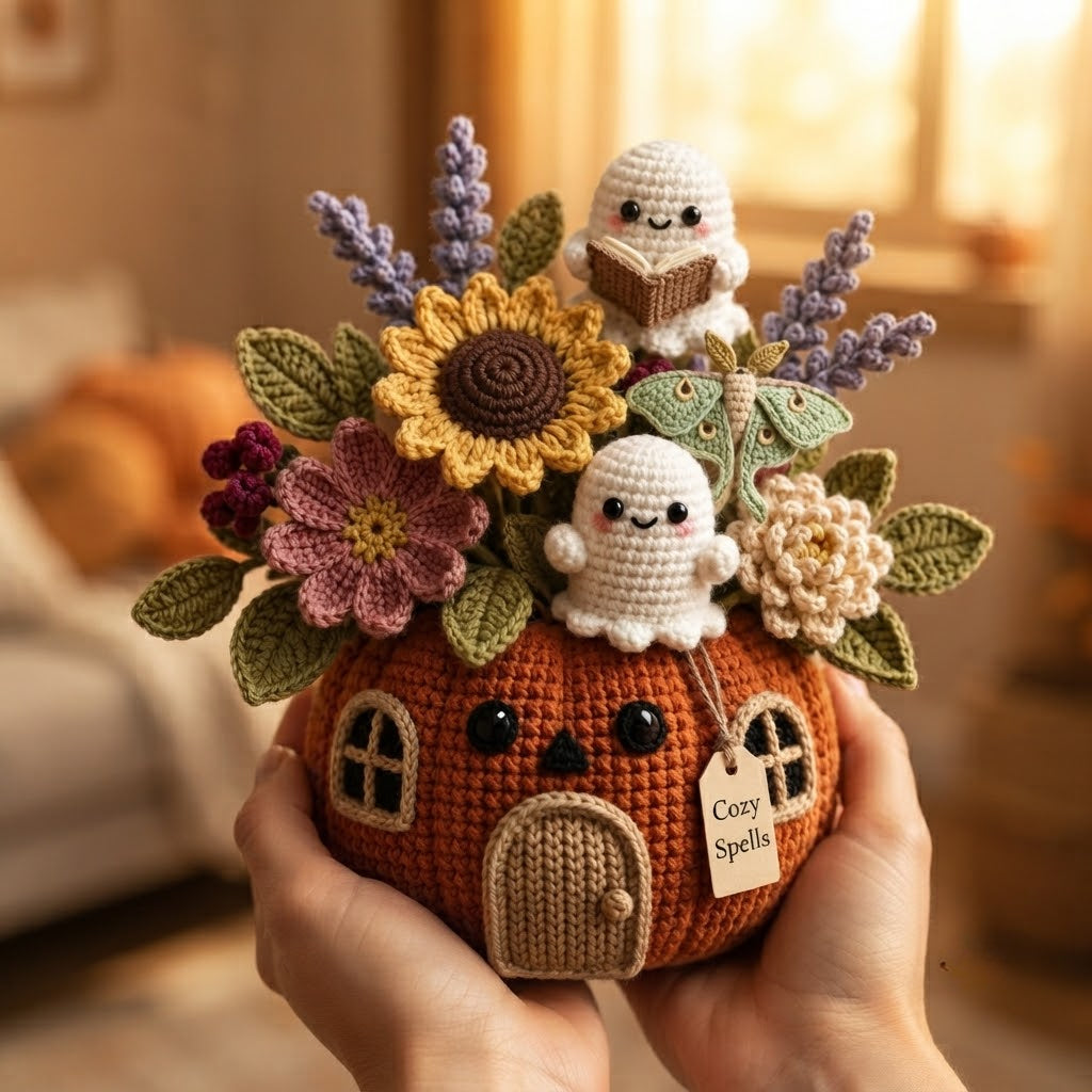Handmade Crochet Cozy Spells Ghost Pumpkin House Decor Pot