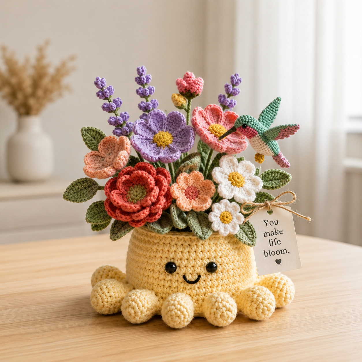 Handmade Crochet Flower Pot with Cute Octopus & Hummingbird | Unique Crochet Decor & Gift