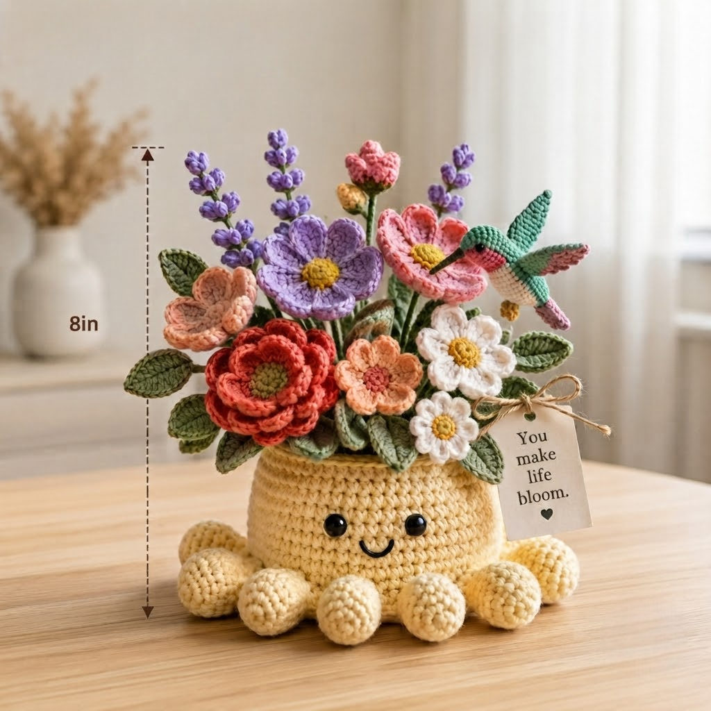 Handmade Crochet Flower Pot with Cute Octopus & Hummingbird | Unique Crochet Decor & Gift