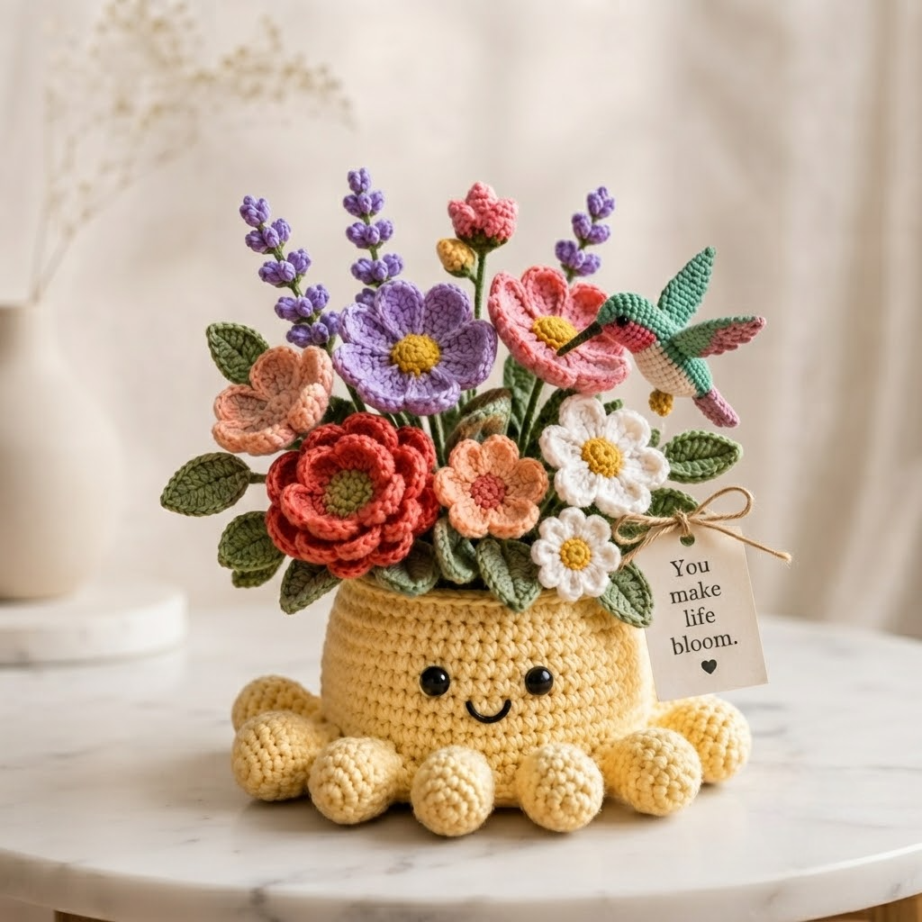 Handmade Crochet Flower Pot with Cute Octopus & Hummingbird | Unique Crochet Decor & Gift