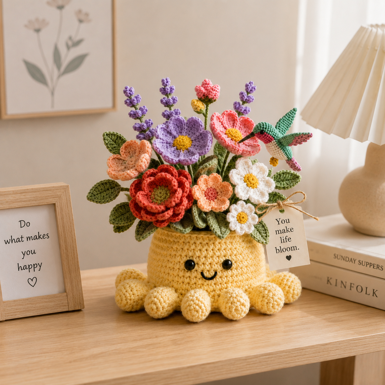 Handmade Crochet Flower Pot with Cute Octopus & Hummingbird | Unique Crochet Decor & Gift