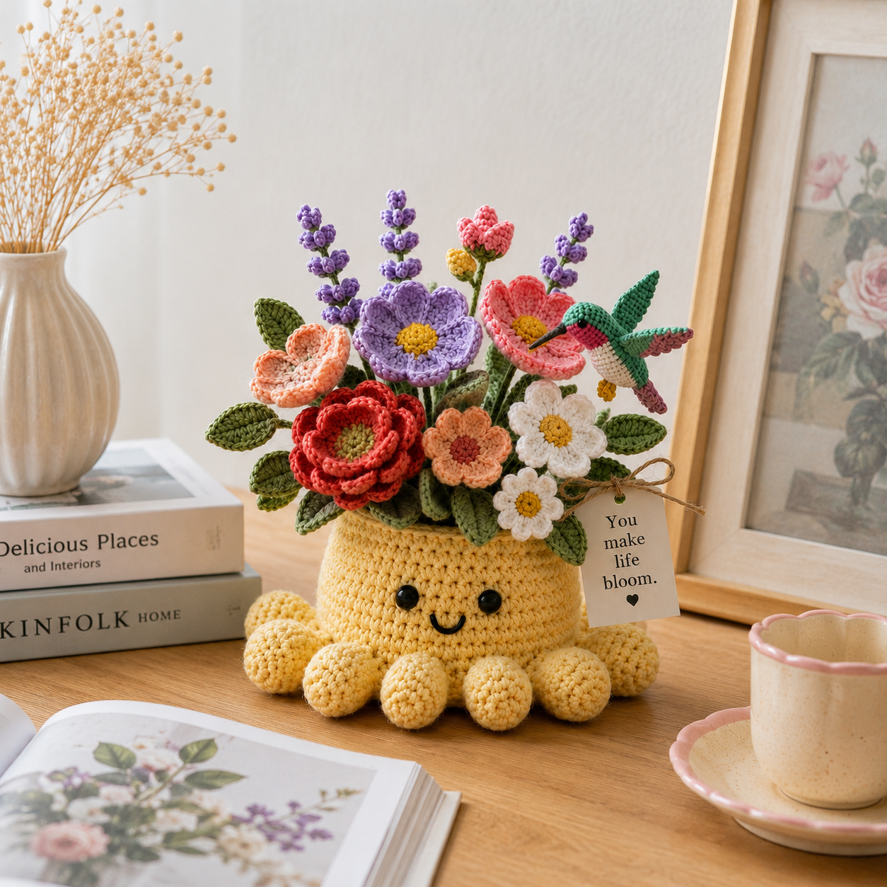 Handmade Crochet Flower Pot with Cute Octopus & Hummingbird | Unique Crochet Decor & Gift