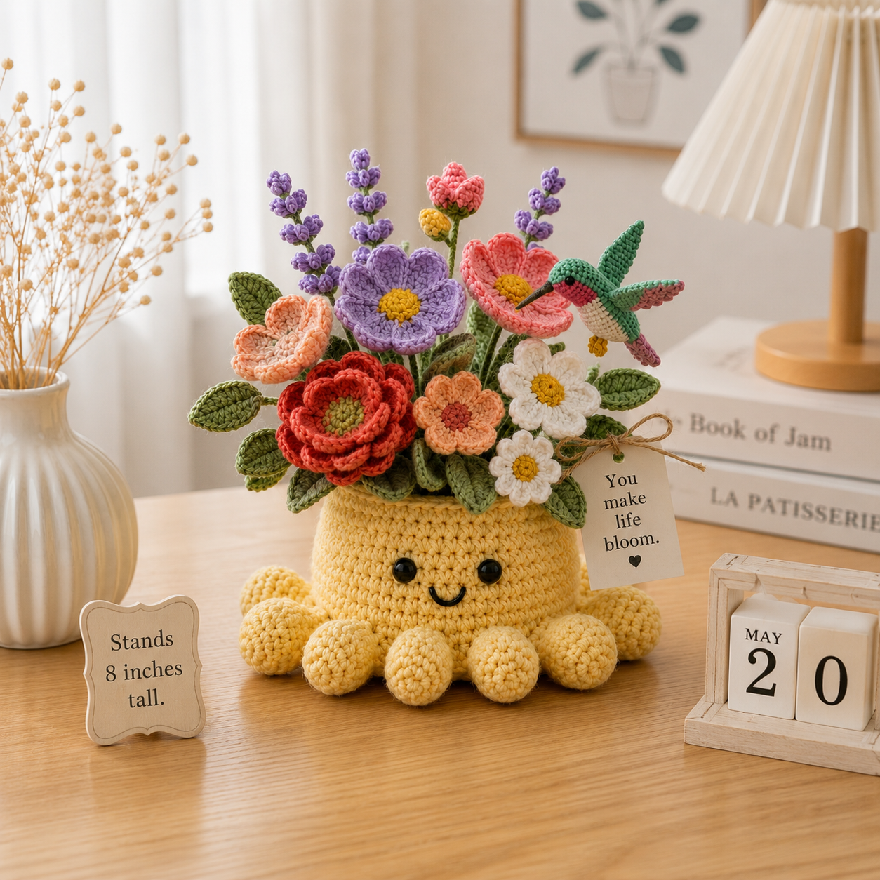 Handmade Crochet Flower Pot with Cute Octopus & Hummingbird | Unique Crochet Decor & Gift