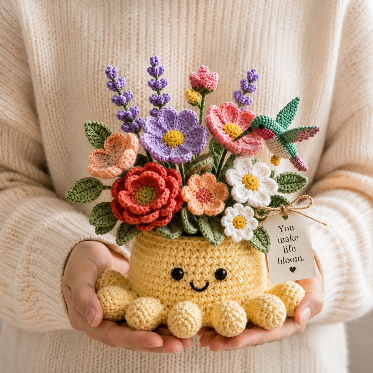 Handmade Crochet Flower Pot with Cute Octopus & Hummingbird | Unique Crochet Decor & Gift