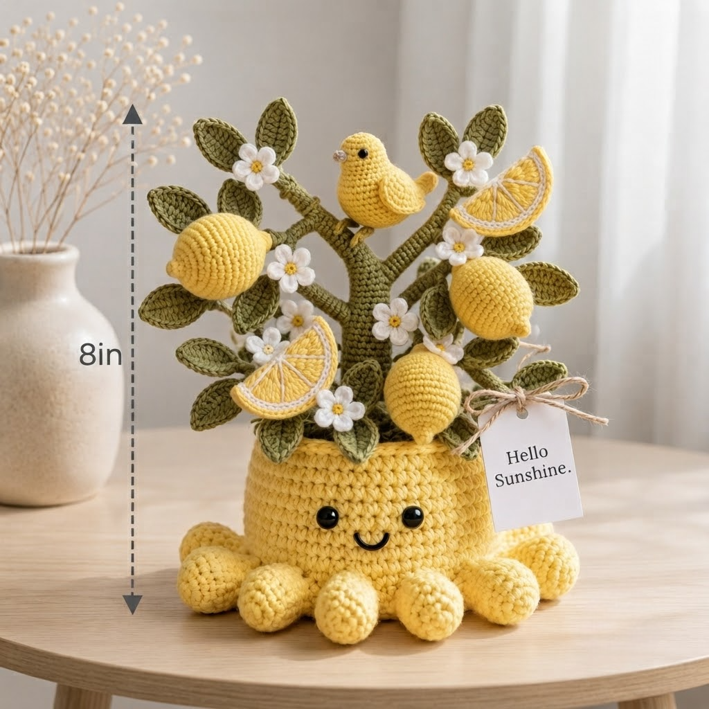 Handmade Crochet Lemon Tree with Cute Octopus & Little Bird | Everlasting Potted Decor