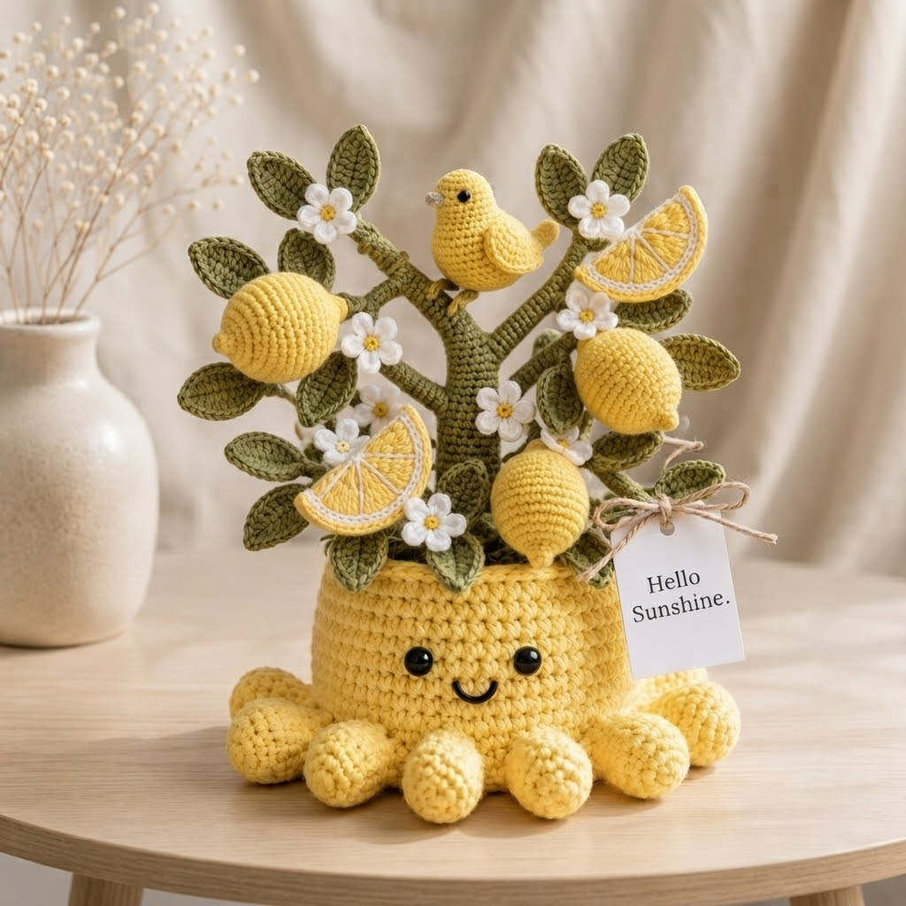 Handmade Crochet Lemon Tree with Cute Octopus & Little Bird | Everlasting Potted Decor