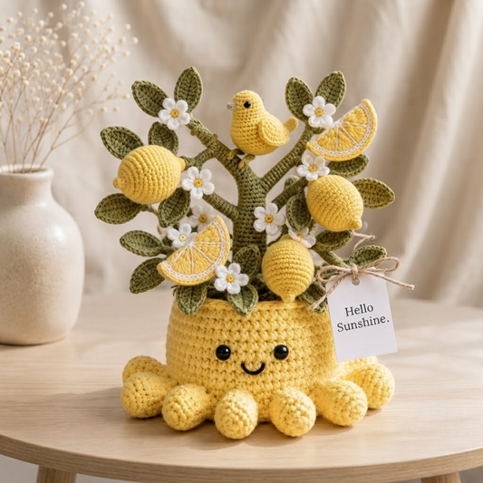 Handmade Crochet Lemon Tree with Cute Octopus & Little Bird | Everlasting Potted Decor