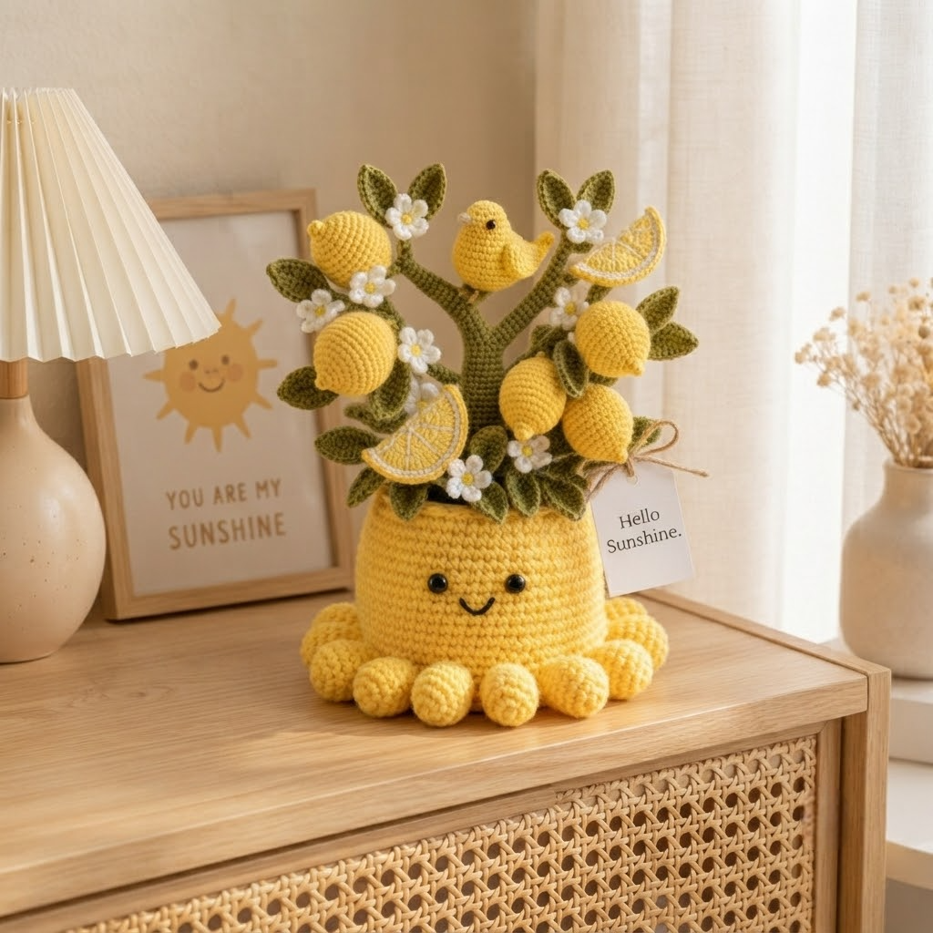 Handmade Crochet Lemon Tree with Cute Octopus & Little Bird | Everlasting Potted Decor