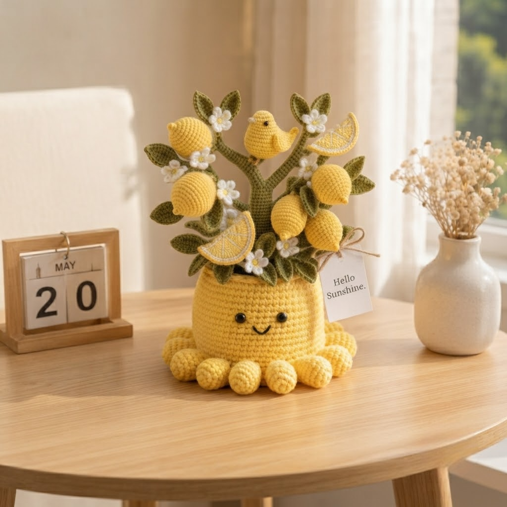 Handmade Crochet Lemon Tree with Cute Octopus & Little Bird | Everlasting Potted Decor