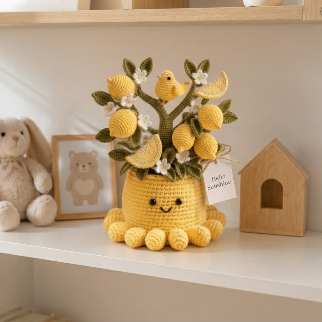 Handmade Crochet Lemon Tree with Cute Octopus & Little Bird | Everlasting Potted Decor