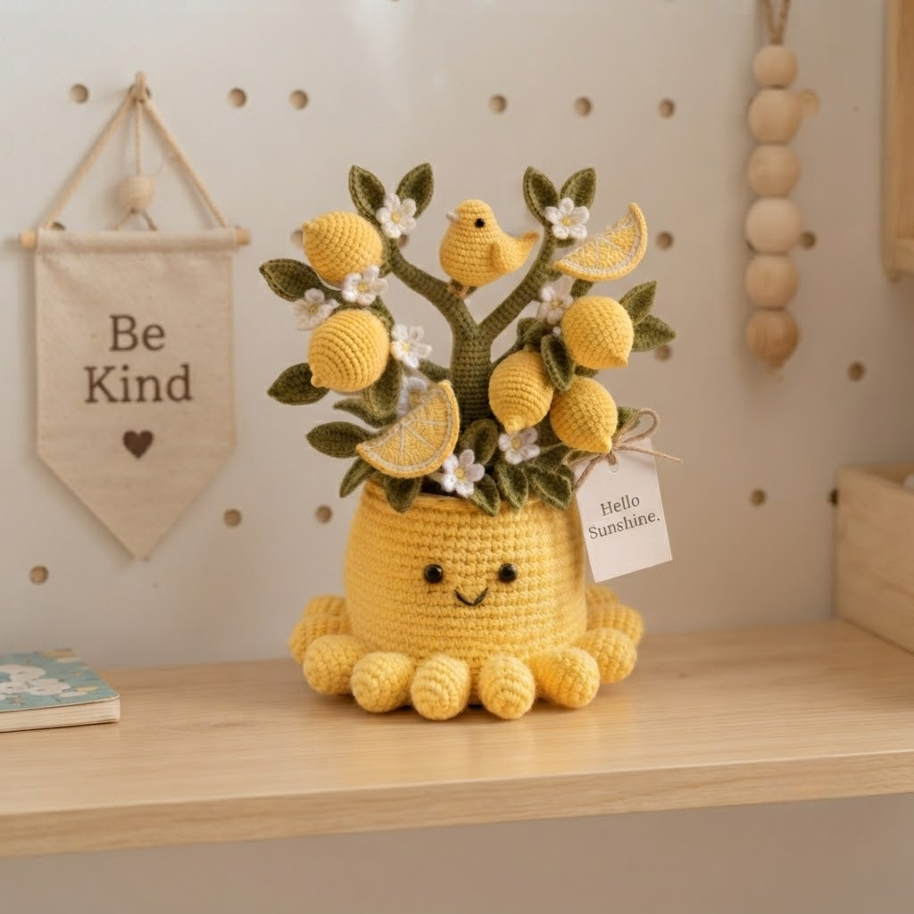 Handmade Crochet Lemon Tree with Cute Octopus & Little Bird | Everlasting Potted Decor