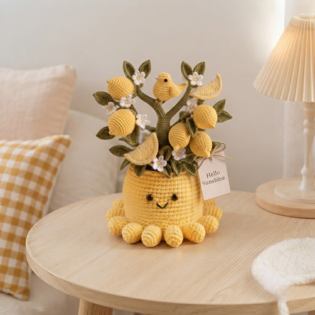 Handmade Crochet Lemon Tree with Cute Octopus & Little Bird | Everlasting Potted Decor