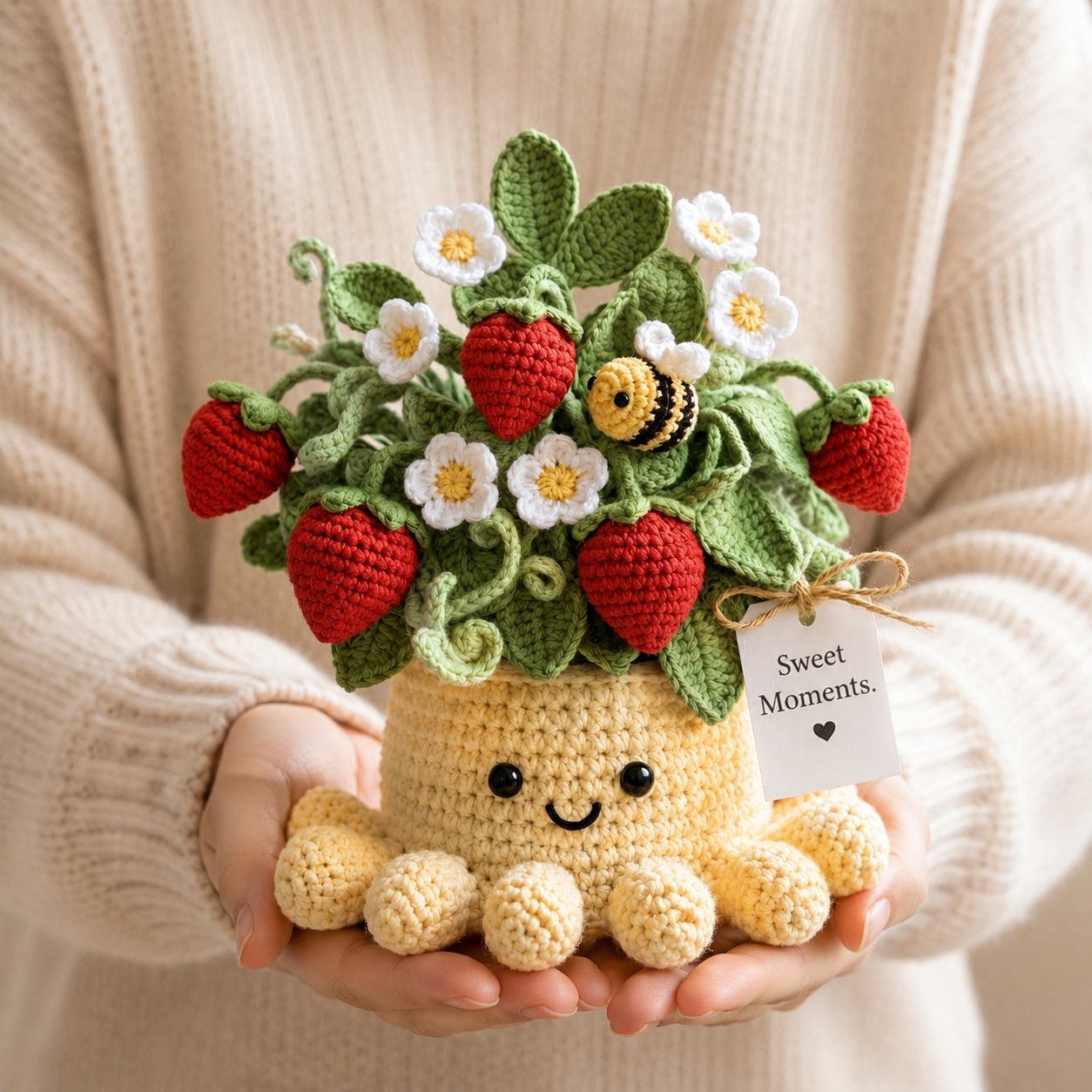 Handmade Crochet Strawberry Plant with Cute Octopus & Little Bee | Everlasting Potted Decor