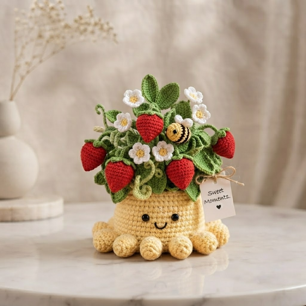 Handmade Crochet Strawberry Plant with Cute Octopus & Little Bee | Everlasting Potted Decor