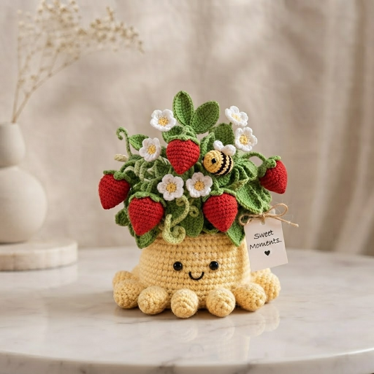 Handmade Crochet Strawberry Plant with Cute Octopus & Little Bee | Everlasting Potted Decor