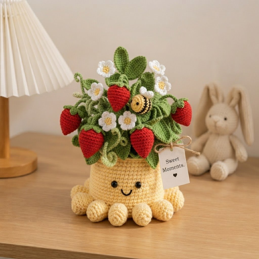 Handmade Crochet Strawberry Plant with Cute Octopus & Little Bee | Everlasting Potted Decor