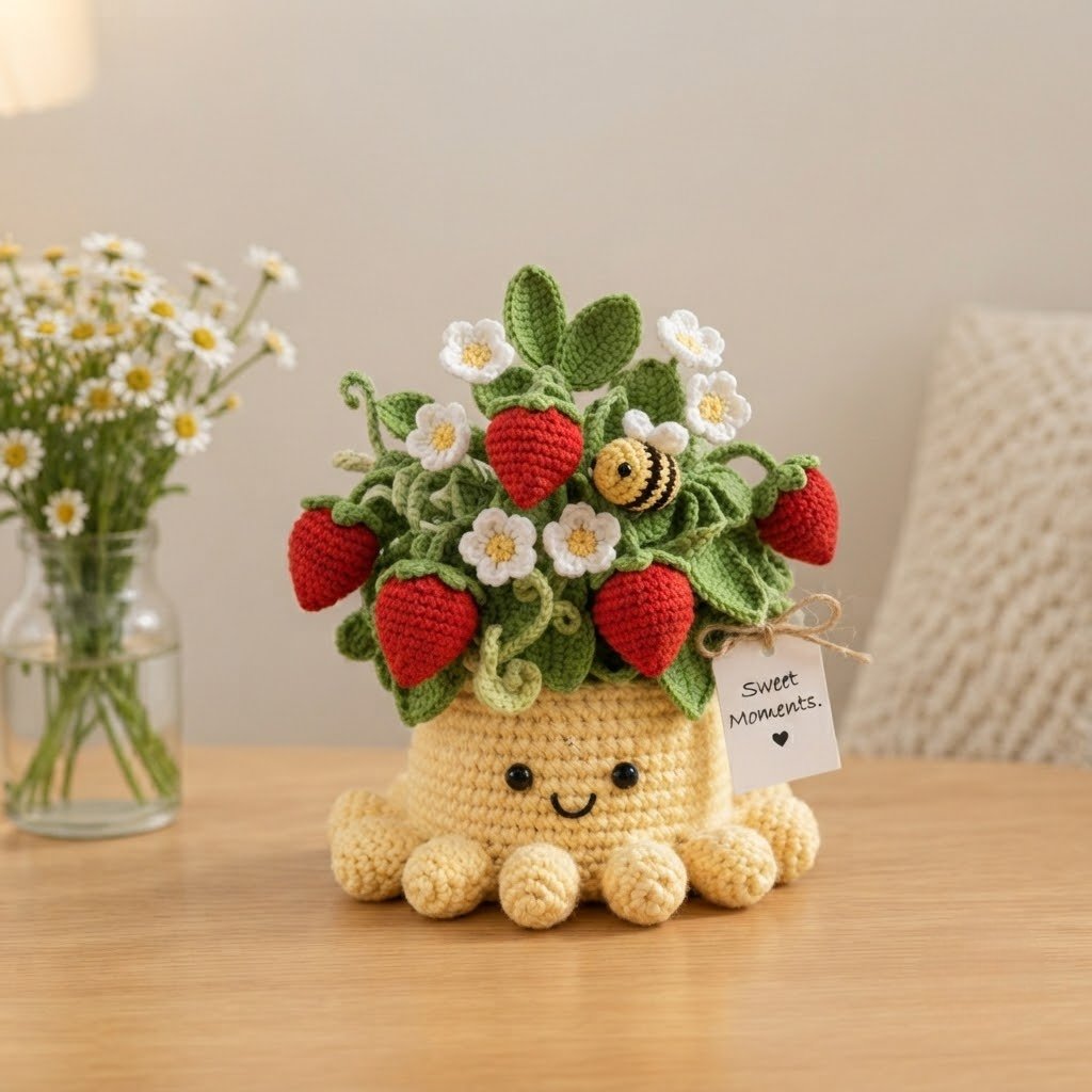 Handmade Crochet Strawberry Plant with Cute Octopus & Little Bee | Everlasting Potted Decor