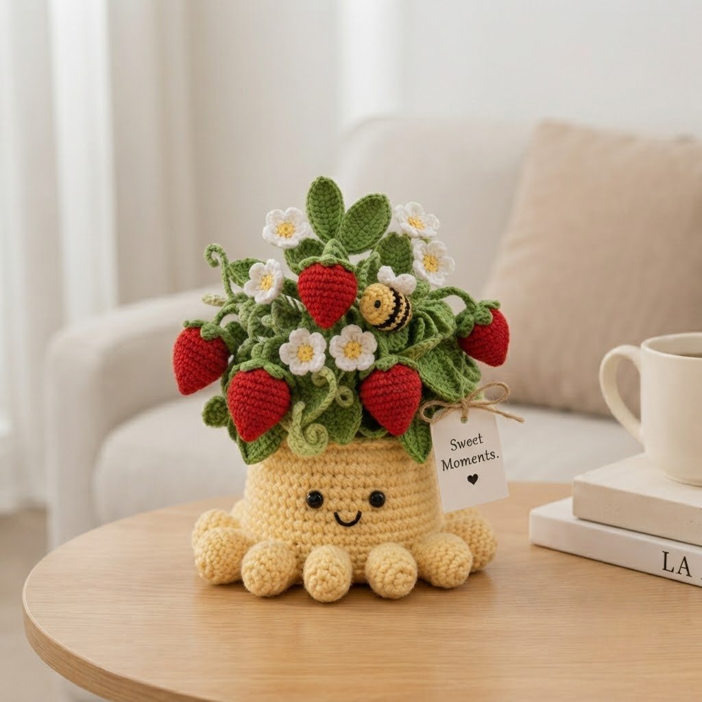 Handmade Crochet Strawberry Plant with Cute Octopus & Little Bee | Everlasting Potted Decor