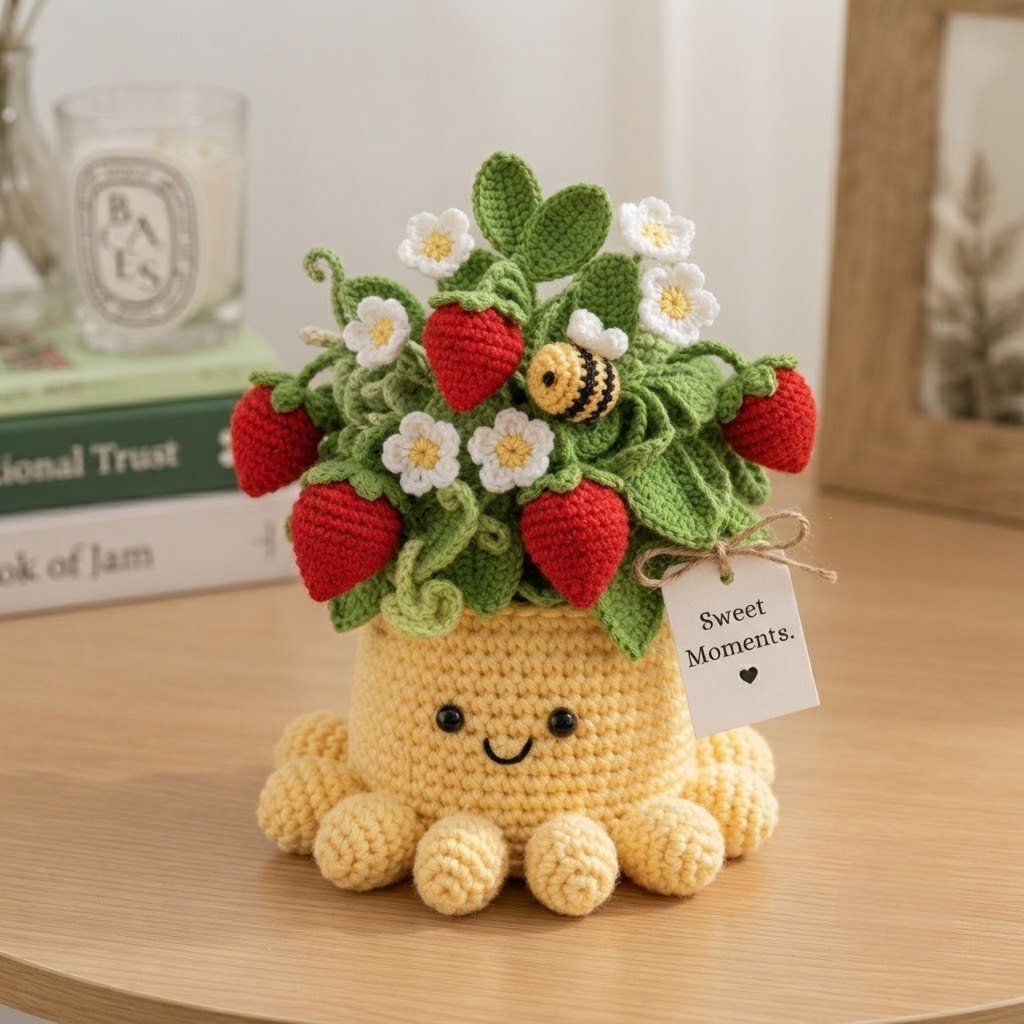 Handmade Crochet Strawberry Plant with Cute Octopus & Little Bee | Everlasting Potted Decor