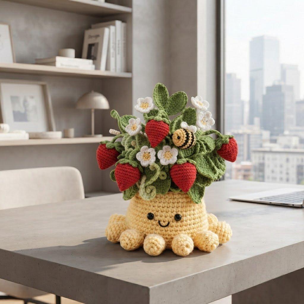 Handmade Crochet Strawberry Plant with Cute Octopus & Little Bee | Everlasting Potted Decor
