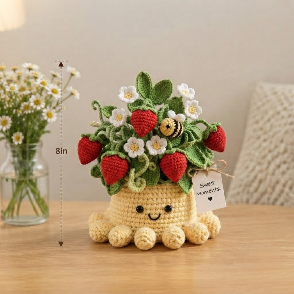 Handmade Crochet Strawberry Plant with Cute Octopus & Little Bee | Everlasting Potted Decor