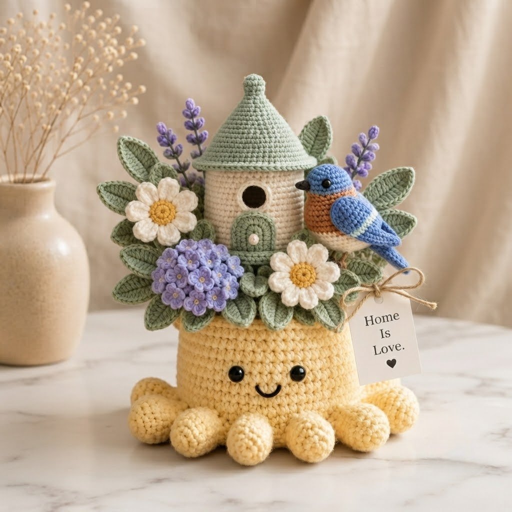 Handmade Crochet Birdhouse Decor with Cute Octopus & Bluebird | Everlasting Potted Ornament