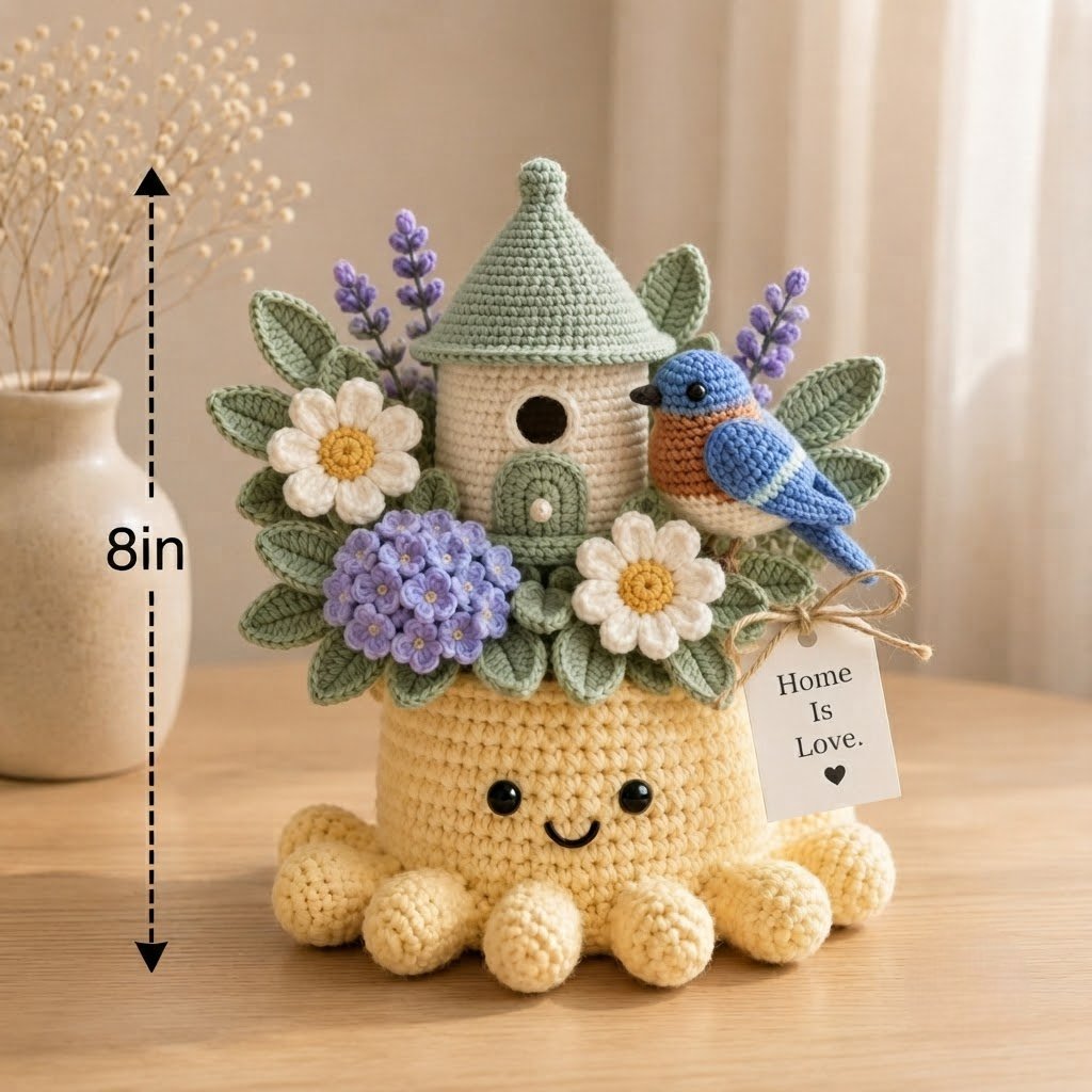 Handmade Crochet Birdhouse Decor with Cute Octopus & Bluebird | Everlasting Potted Ornament