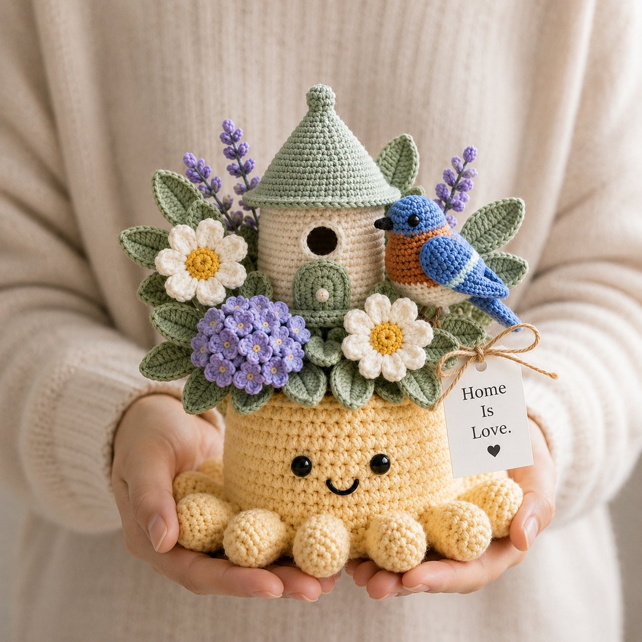Handmade Crochet Birdhouse Decor with Cute Octopus & Bluebird | Everlasting Potted Ornament