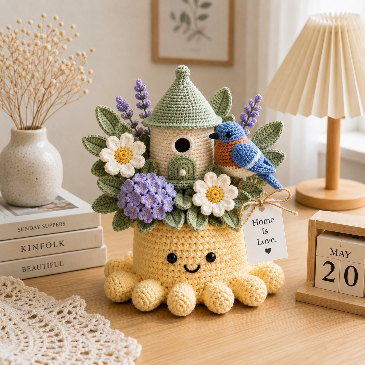Handmade Crochet Birdhouse Decor with Cute Octopus & Bluebird | Everlasting Potted Ornament