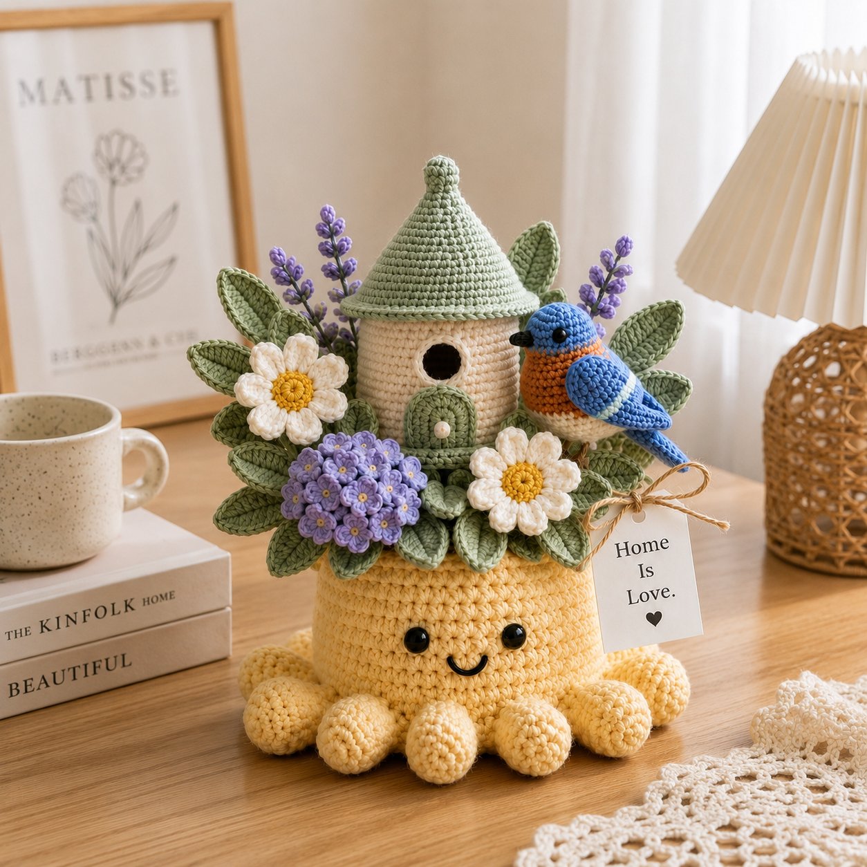 Handmade Crochet Birdhouse Decor with Cute Octopus & Bluebird | Everlasting Potted Ornament
